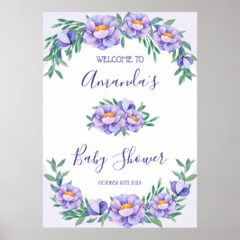 Poster Chá de fraldas de Flores de Aquarela Roxo Personal