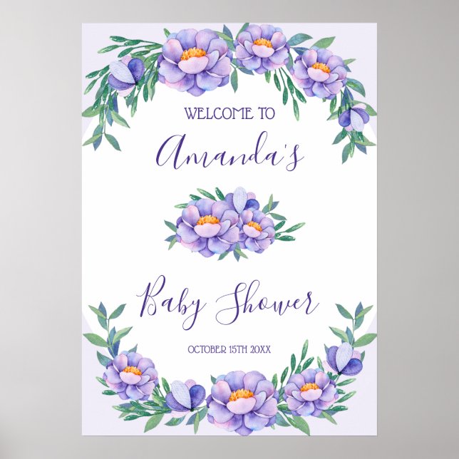 Poster Chá de fraldas de Flores de Aquarela Roxo Personal (Frente)