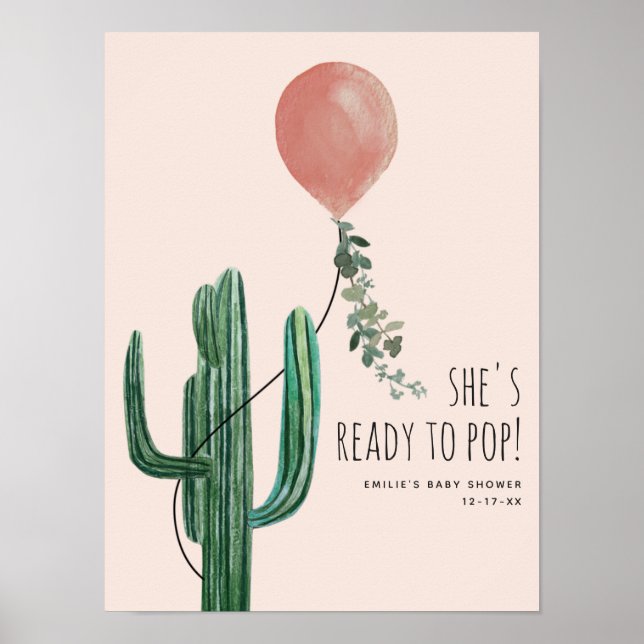 Poster Chá de fraldas De Garota De Cactus Com Balão Rosa- (Frente)