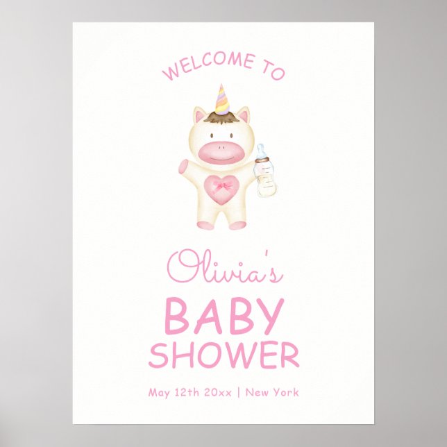 Poster Chá de fraldas de Garrafa do Unicórnio Rosa Bem-vi (Frente)