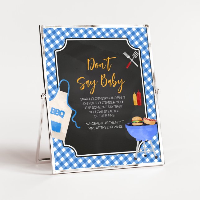 Poster Chá de fraldas de Gingham Azul Não diga amor (Boy Baby-Q Baby Shower Don't Say Baby Sign)