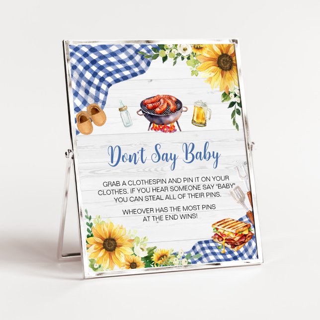 Poster Chá de fraldas de girassol azul Não diga amor (Boy Picnic Backyard Baby Shower Don't Say Baby Sign)