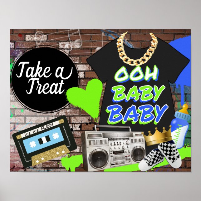 Poster Chá de fraldas De Hip Retro-Ooh Baby Treat Sinal (Frente)