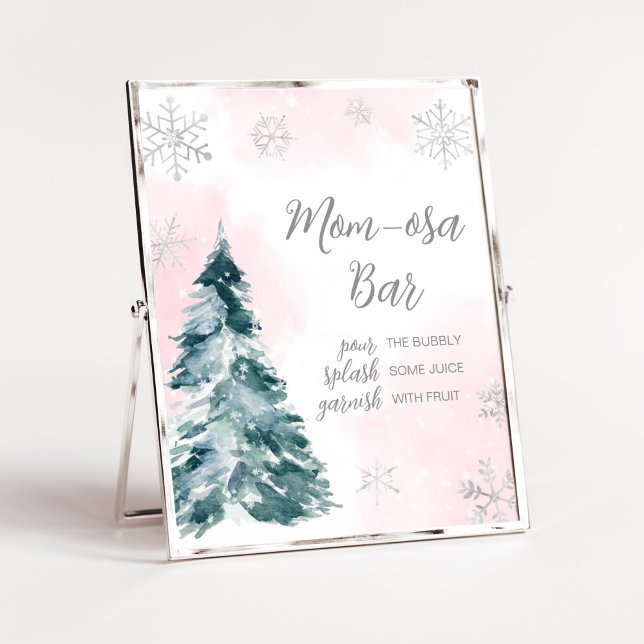 Poster Chá de fraldas De Inverno Rosa Frio  Mãe Bar Osa (Pink Silver Pine Tree Baby Shower Mom Osa Bar Sign)