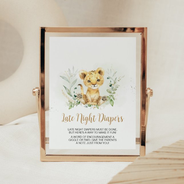 Poster Chá de fraldas de Leão Verde Fraldas Noturnas Tard (Gender Neutral Lion Jungle Baby Shower Late Night Diapers Sign)