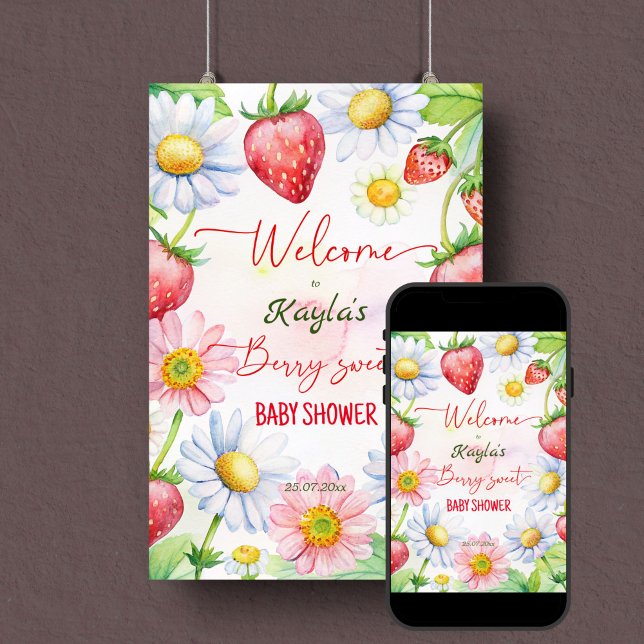 Poster Chá de fraldas de morango doce de berry (Berry sweet summer garden daisy strawberry baby shower welcome sign poster template instant download)