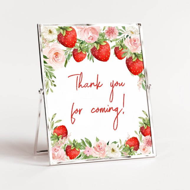 Poster Chá de fraldas de morango Obrigado por vir (Pink Floral Strawberry Baby Shower Thank you for Coming Sign)