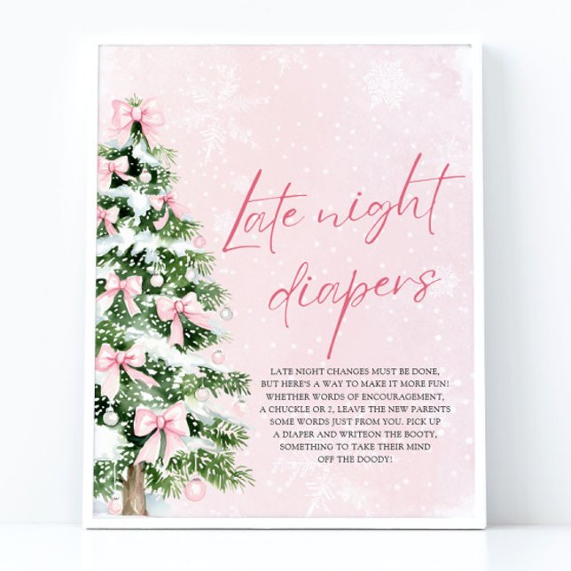 Poster Chá de fraldas de Natal Rosa Arco Tarde Fraldas No (Pink Bows Christmas Baby Shower Late Night Diapers Game Sign)