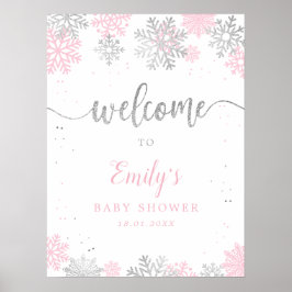 Poster Chá de fraldas de Neve Flocos de Prata Rosa Bem-vi