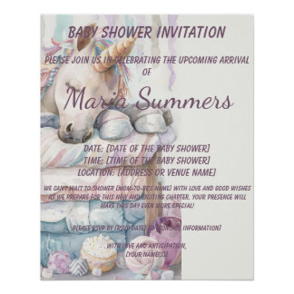 Póster Chá de fraldas de Pastel de Aquarela do Unicorn qu