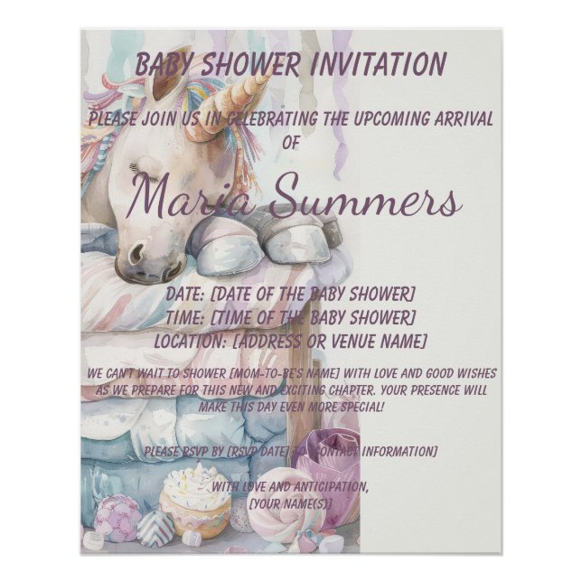 Póster Chá de fraldas de Pastel de Aquarela do Unicorn qu (Frente)