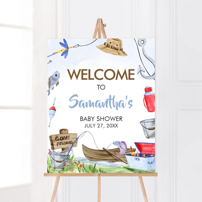 Poster Chá de fraldas de pesca bem-vindo (Little Fisherman Baby Shower Welcome Sign)