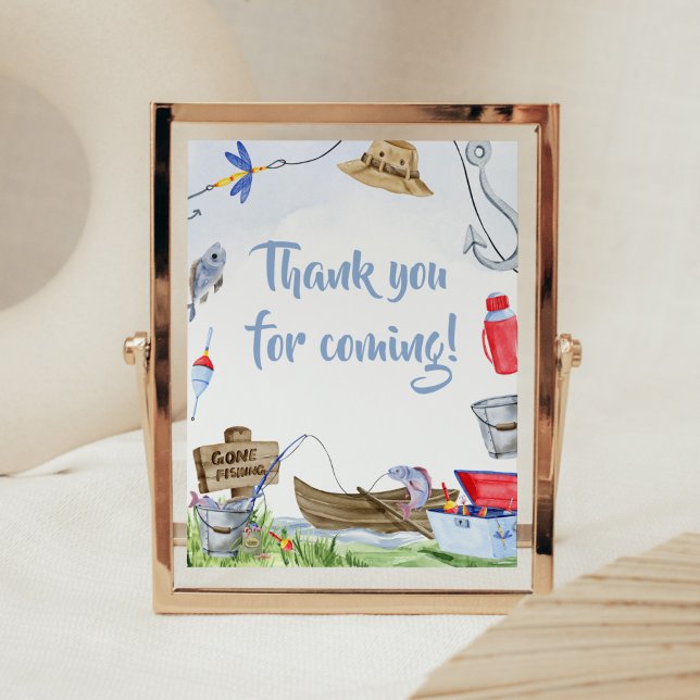 Poster Chá de fraldas de pesca Obrigado por vir (Little Fisherman Baby Shower Thank you for Coming Sign)