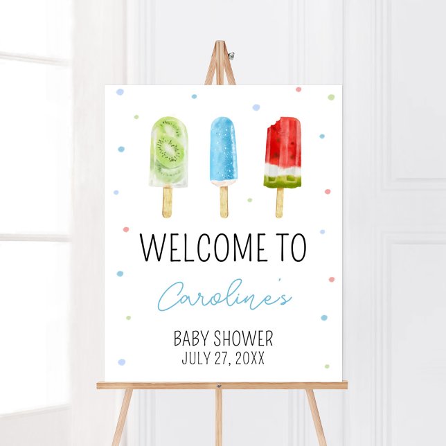 Poster Chá de fraldas de picolé azul bem vindo (Ready to Pop Baby Shower Welcome Sign)