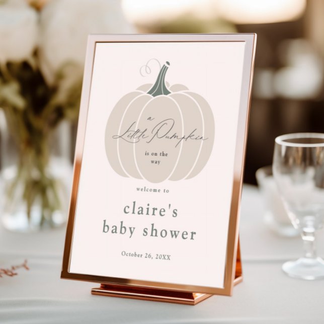 Poster Chá de fraldas de queda de abóbora branca Elegante (Elegant white little pumpkin baby shower welcome sign.)