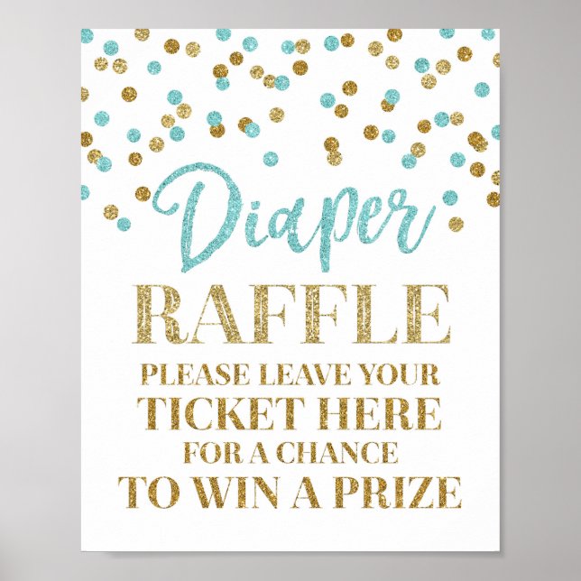 Poster Chá de fraldas de Raffle de Confetti Dourado Azul (Frente)