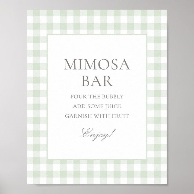 Poster Chá de fraldas de Sage Green Gingham Mimosa Bar (Frente)