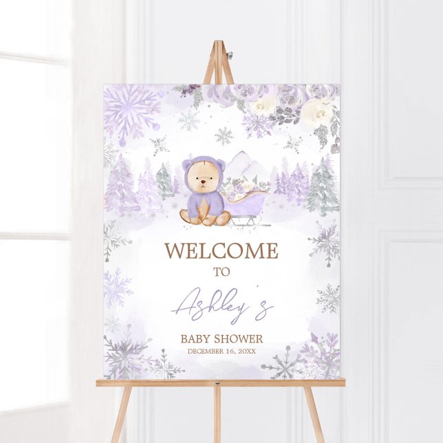 Poster Chá de fraldas de Urso de Inverno Puro Bem-vindo (Purple Teddy Bear Baby Shower Welcome Sign)