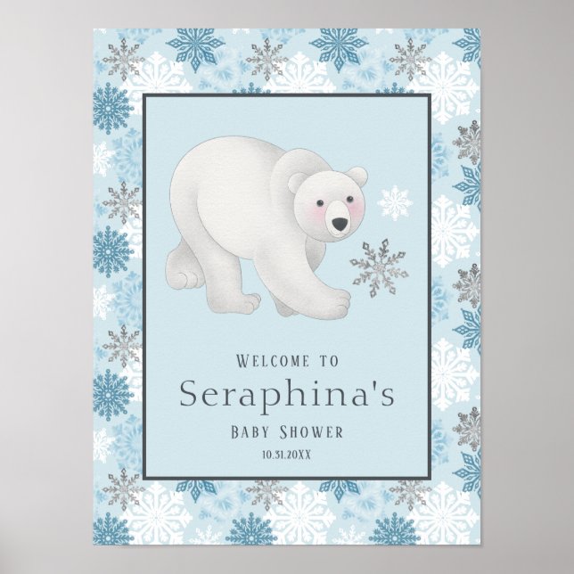 Poster Chá de fraldas de Urso Polar de inverno Azul Bem-v (Frente)