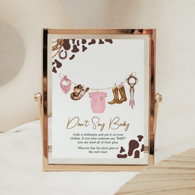 Poster Chá de fraldas de vaquinha Não diga amor (Pink Western Rodeo Baby Shower Don't Say Baby Sign)