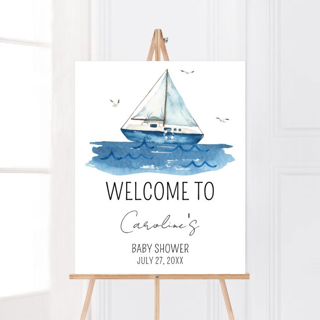 Poster Chá de fraldas de veleiro náutico bem-vindo (Ahoy It’s A Boy Baby Shower Welcome Sign)