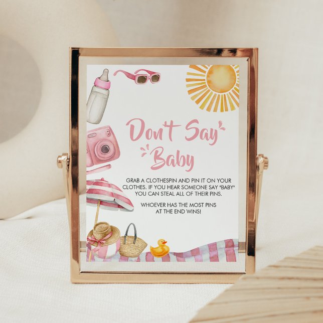 Poster Chá de fraldas de Verão de praia rosa Não diga amo (Splish Splash Baby Shower Don't Say Baby Sign)