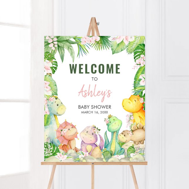 Poster Chá de fraldas Dinossauro Floral (Greenery Dinosaur Baby Shower Welcome Sign)