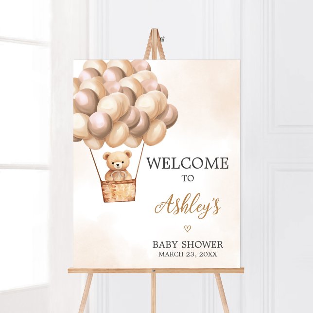 Poster Chá de fraldas do Balão de Ar Quente do Brown Bear (Boho Brown Bear Baby Shower Welcome Sign)