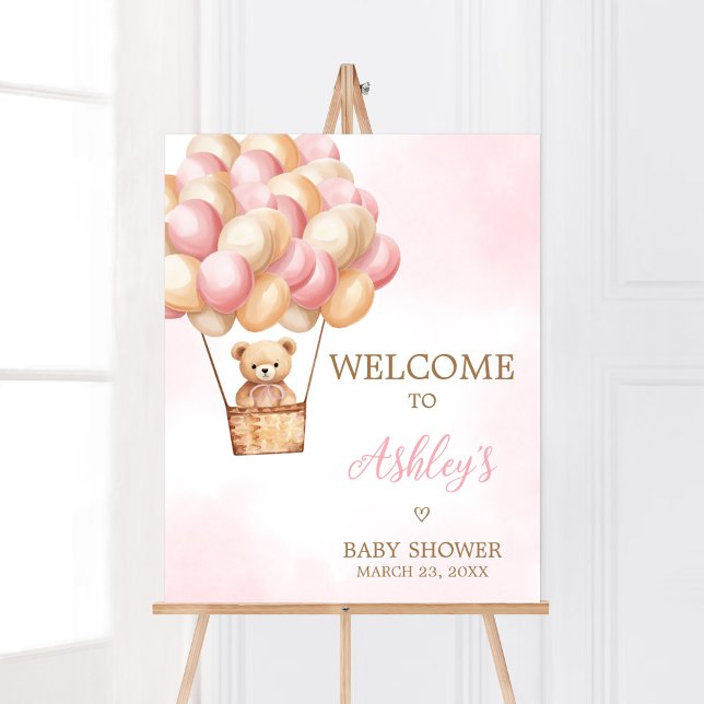 Poster Chá de fraldas do Balão de Ar Quente do Urso Rosa  (Girl Bear Boho Baby Shower Welcome Sign)