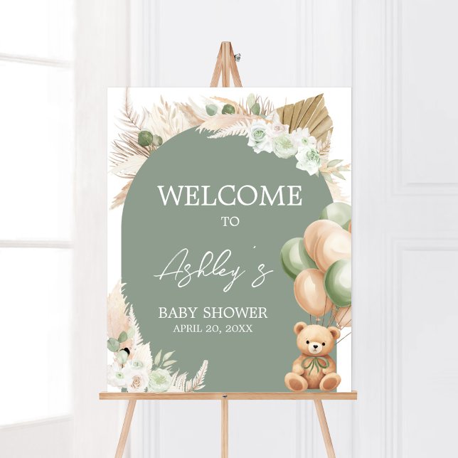Poster Chá de fraldas do Balão de Urso Verde Boho Bem-vin (Sage Green Balloons Baby Shower Welcome Sign)