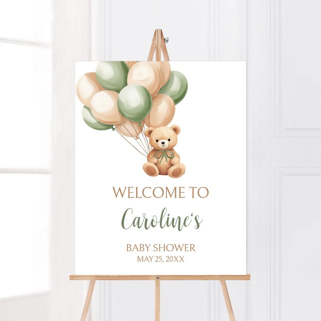 Poster Chá de fraldas do Balão do Urso Verde Sage Bem-vin (Green Boho Bear Baby Shower Welcome Sign)