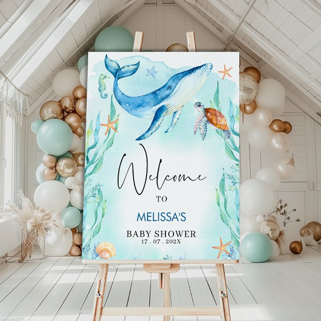 Póster Chá de fraldas do Mar Azul de Aquarela Boas-vindas (Under the Sea Baby Shower Welcome Sign Template, Editable Ocean Themed Baby Shower Welcome Sign Boy)
