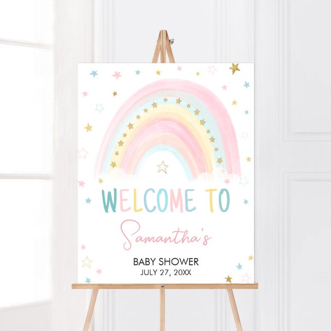 Poster Chá de fraldas do Pastel Rainbow Bem-vindo (Pink Boho Rainbow Baby Shower Welcome Sign)