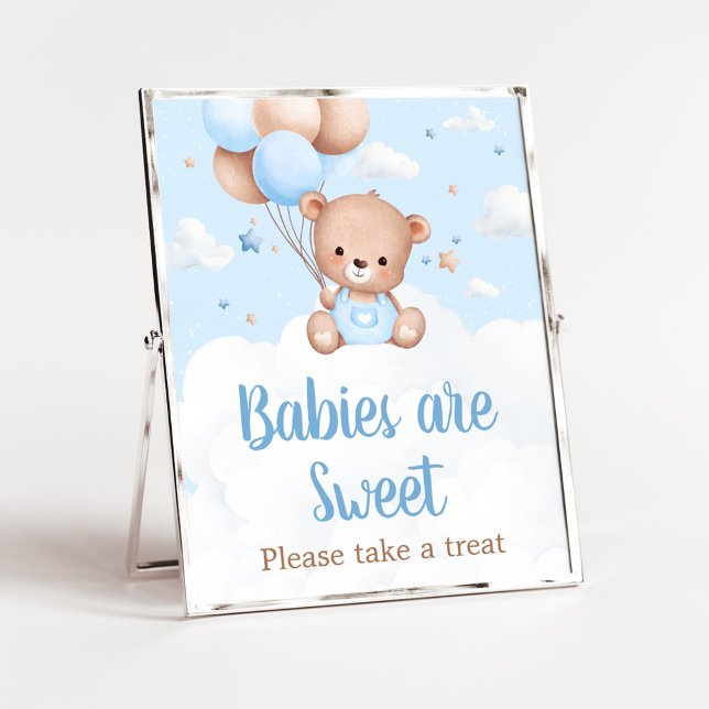 Poster Chá de fraldas do Urso Azul Os Bebês são Sinal Doc (Blue Boy Teddy Bear Clouds Balloon Baby Shower Sign)