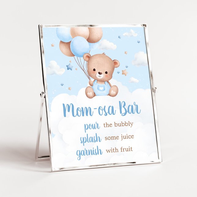 Poster Chá de fraldas do Urso Azul - Sinal de Bar da Mãe  (Blue Boy Teddy Bear Clouds Balloon Baby Shower Sign)