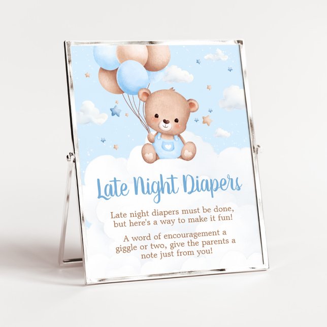 Poster Chá de fraldas do Urso Azul Tardio Fralda Noturno (Blue Boy Teddy Bear Clouds Balloon Baby Shower Sign)