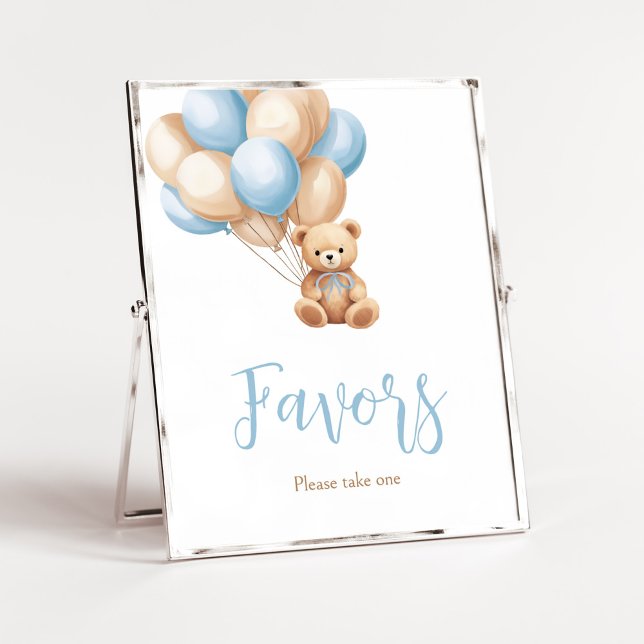 Poster Chá de fraldas do Urso Balão Azul Boho (We Can Bearly Wait Boy Baby Shower Favors Sign)