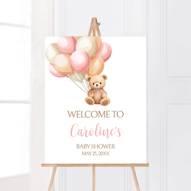 Poster Chá de fraldas do Urso do Balão Rosa (We Can Bearly Wait Girl Baby Shower Welcome Sign)