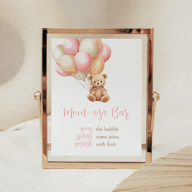 Poster Chá de fraldas do Urso do Balão Rosa Mãe Bar Osa (We Can Bearly Wait Girl Baby Shower Mom Osa Bar Sign)