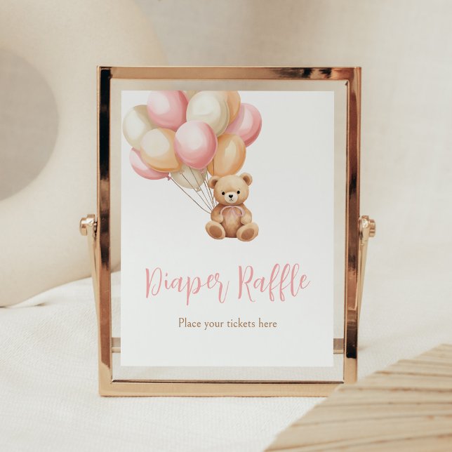 Poster Chá de fraldas do Urso do Balão Rosa Raffle (We Can Bearly Wait Girl Baby Shower Diaper Raffle Sign)