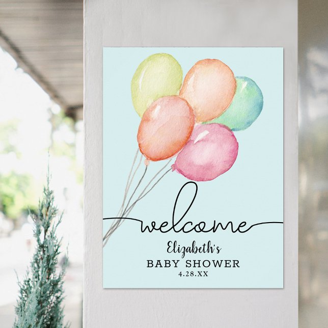 Poster Chá de fraldas dos Balões de Aquarela Boas-vindas (Watercolor balloons on blue boy baby shower welcome poster, PRINTED and/or INSTANT DOWNLOAD)