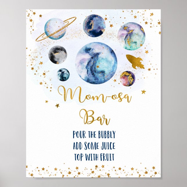 Poster Chá de fraldas Dourado azul Galaxy Bar Mãe-osa (Frente)