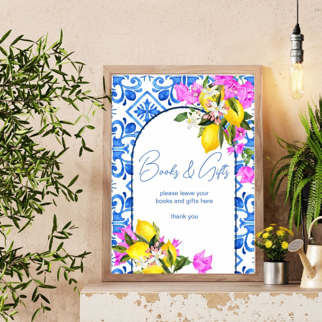 Poster Chá de fraldas e sinal de prenda Azulejos azuis Li (Baby Shower books and gifts table sign Blue Tiles Lemons bougainvillea Mediterranean  decor)