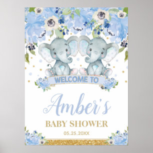 Poster Chá de fraldas Elefante Blue Floral Twin Boys Bem-