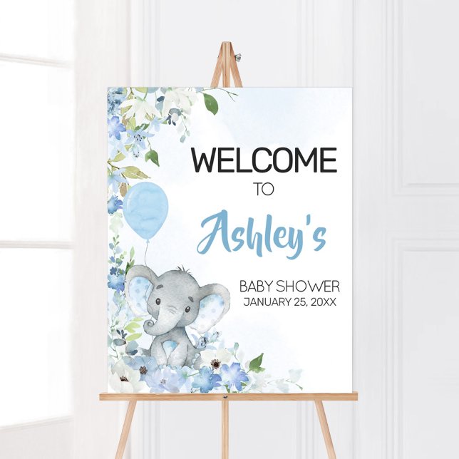 Poster Chá de fraldas Elefante de amendoim azul bem-vindo (Blue Elephant Little Peanut Baby Shower Welcome Sign)