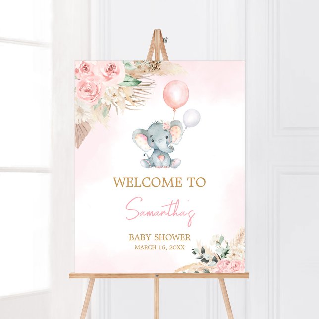 Poster Chá de fraldas Elefante de Balão Rosa Bem-vindo (Pink Floral Pampas Grass Elephant Baby Shower Welcome Sign)