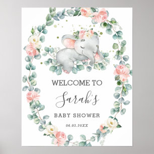 Poster Chá de fraldas Elefante Floral Greenery Boas-vinda