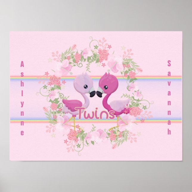 Poster Chá de fraldas Flamingo Rosa Gêmeos Personalizado (Frente)