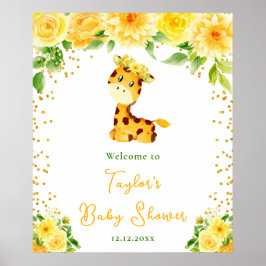 Poster Chá de fraldas Floral Amarelo Giraffe Bem-vindo