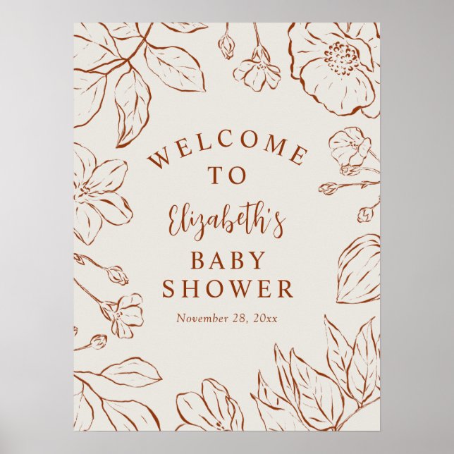 Poster Chá de fraldas Floral Botânico Laranja Queimado Be (Frente)